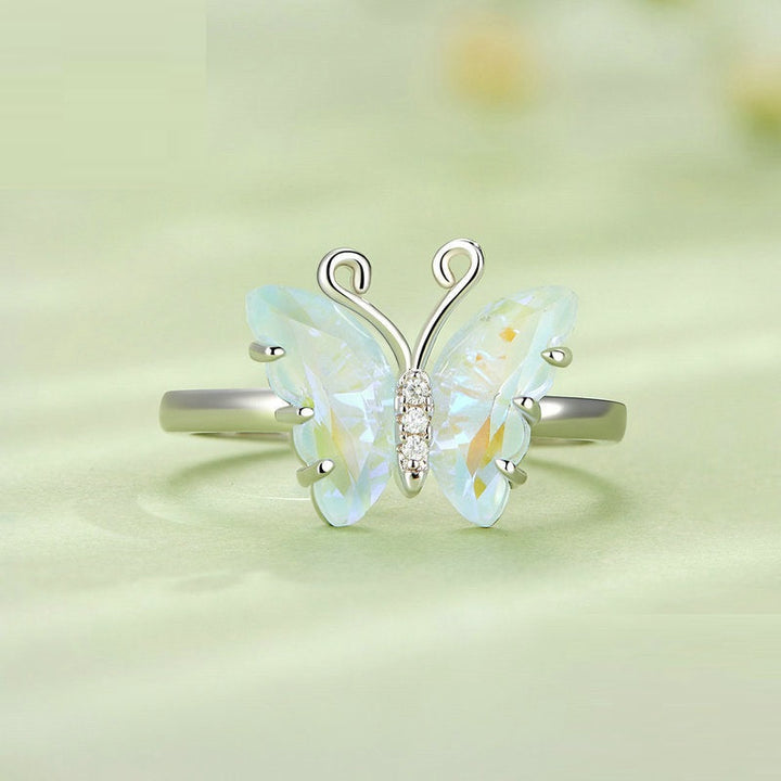 Original Design S925 Sterling Silver Iridescent Butterfly Crystal Ring Female