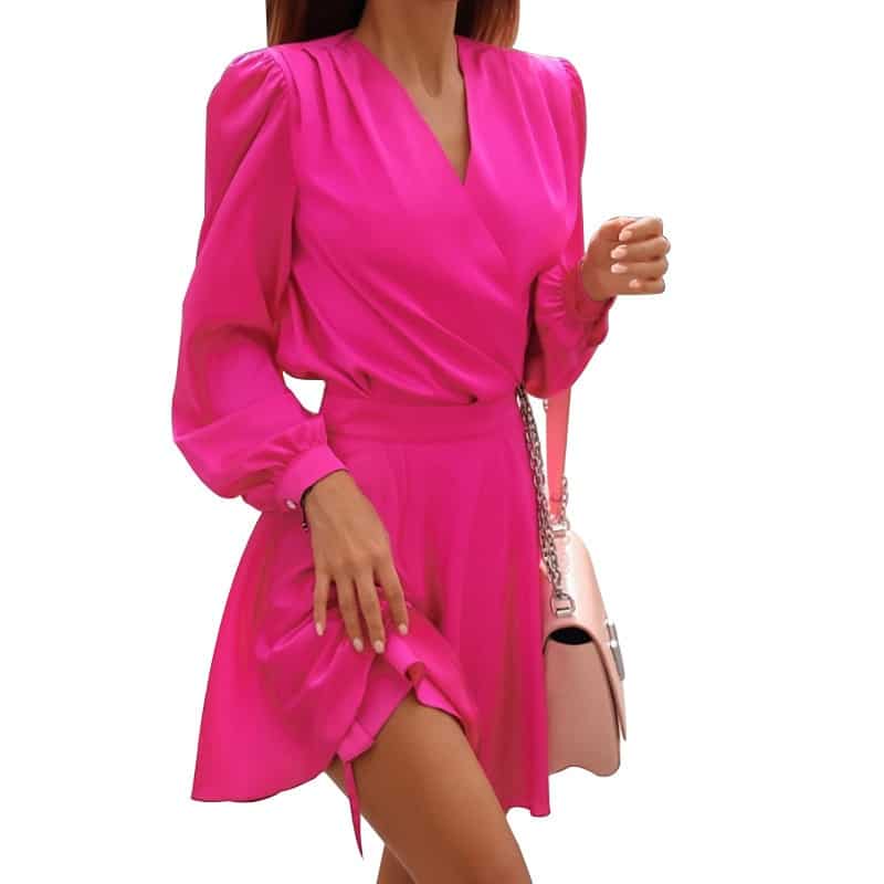 Women's Lantern Long Sleeved V-Neck Pleated Dress