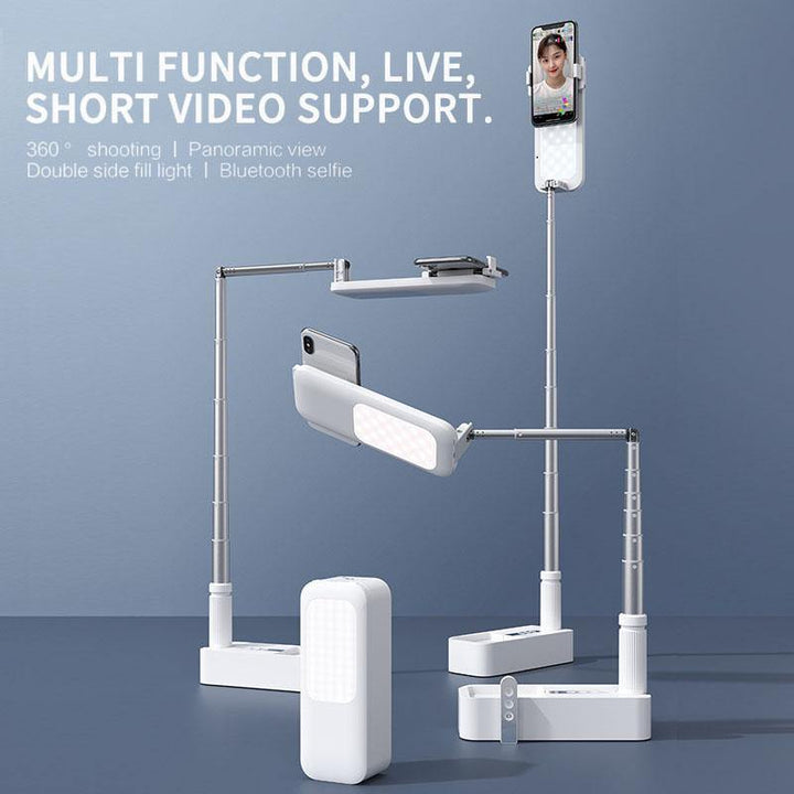 Portable Phone Holder Stand With Wireless Dimmable LED Selfie Fill Light Lamp For Live Video Fill Light Retractable Phone Stand (White)