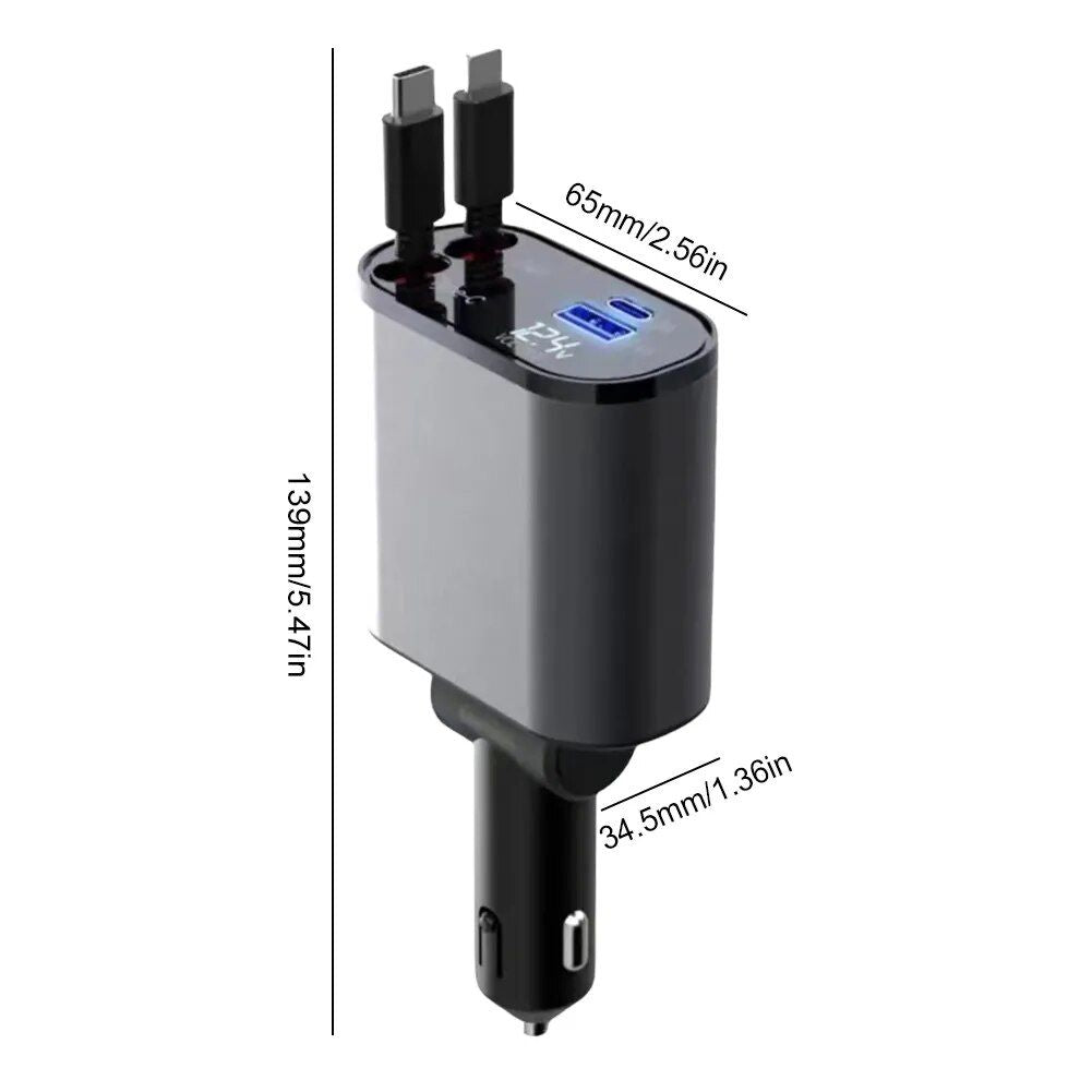 4-in-1 USB Car Fast Charger with PD QC3.0 & Digital Display