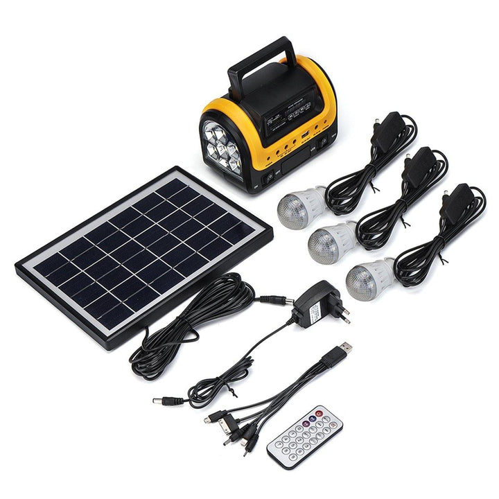 100-240V 3000mAh Rechargeable LED MP3 FM Solar Panel Power Lighting Charging System Set