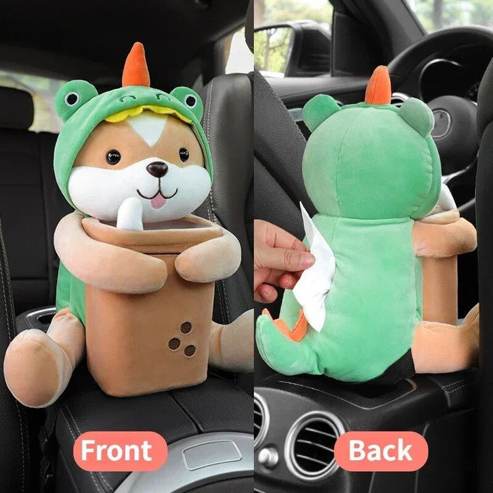 Universal Plush Car Organizer with Integrated Tissue Box and Trash Bin