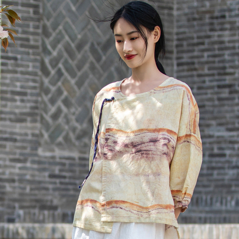 Retro Crew Neck Linen Printed Diagonal Buckle Zen Shirt