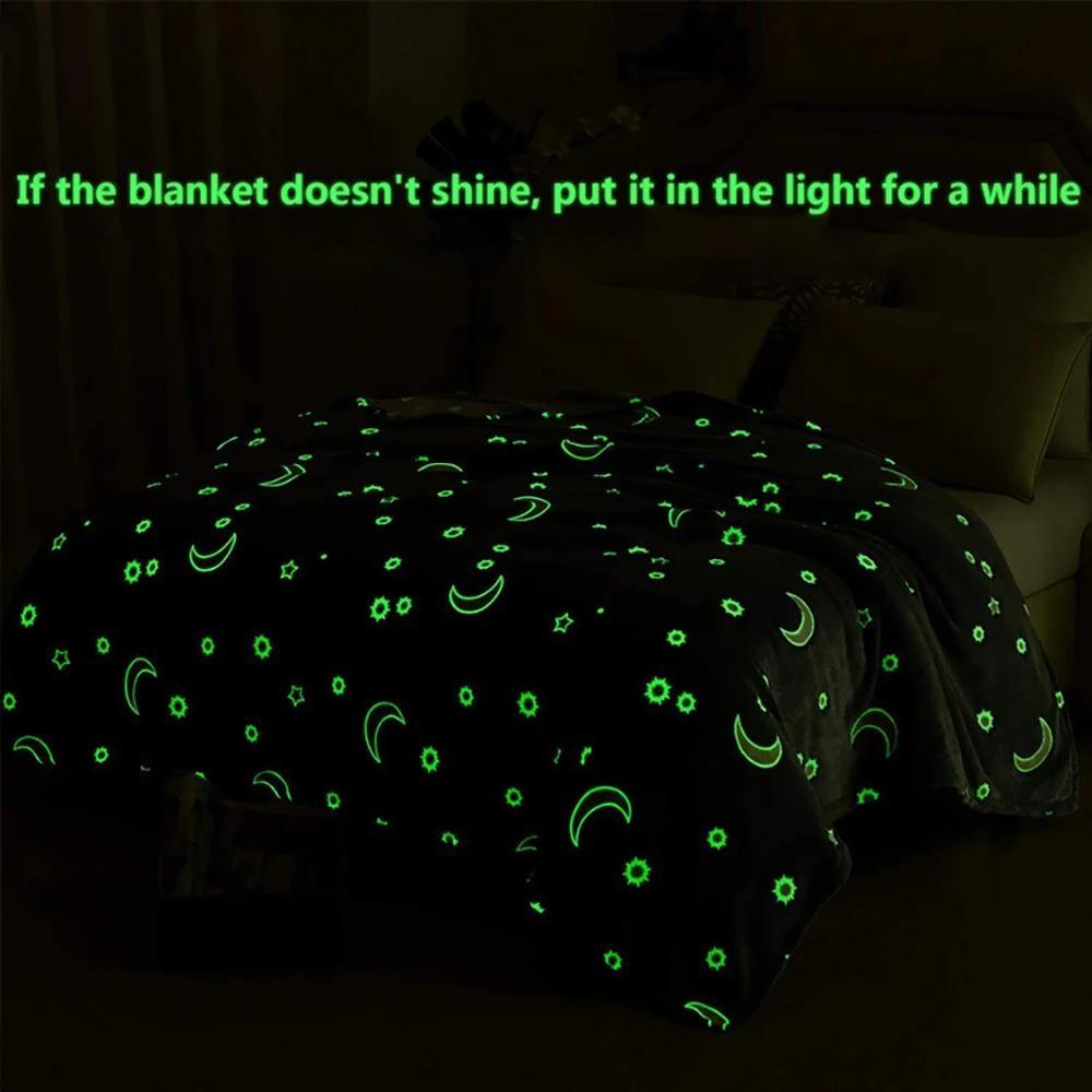 Glow In The Dark Fleece Blanket Throw Grey Stars / Moon