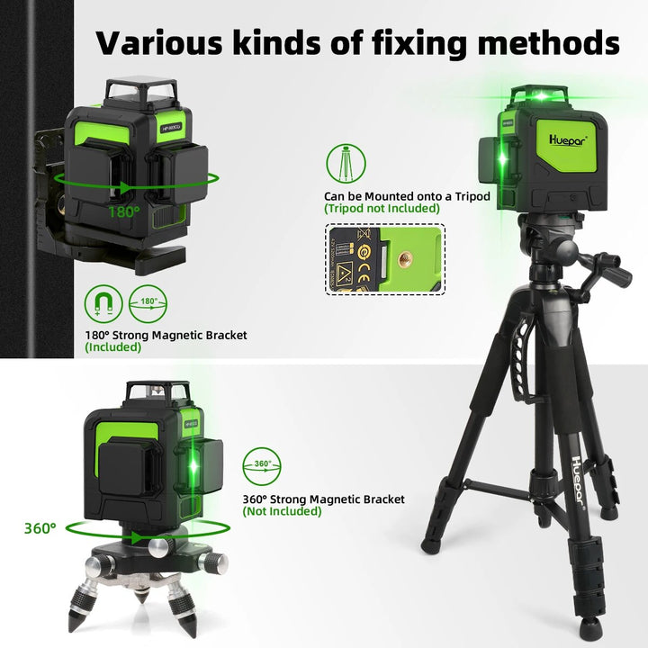 360° 3D Green Laser Level Kit with Receiver & Tripod, 12 Lines, Self-Leveling