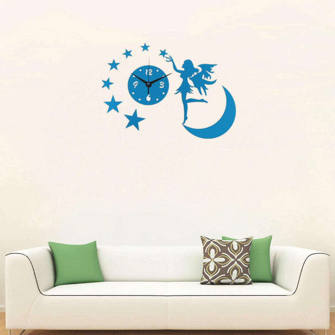 3D DIY Clock Acrylic Mirror Wall Sticker Fairy Angel Moon Star TV Backdrop Home Bedroom Wall Decoration Art Supplies