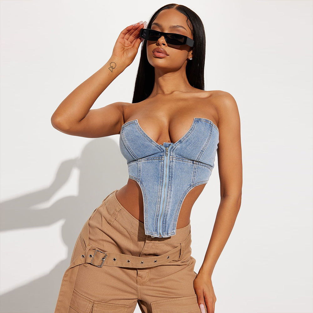 Irregular Zipper Wash Denim Tube Top