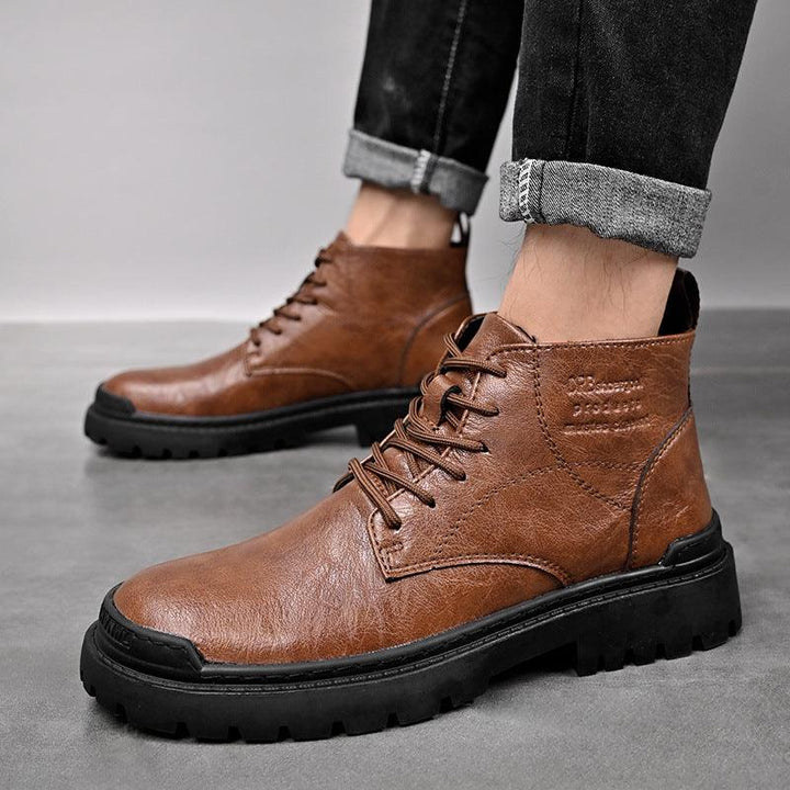 Leather Martin Boots Men's High-top British Style Plus Velvet Mid-top Trendy Shoes