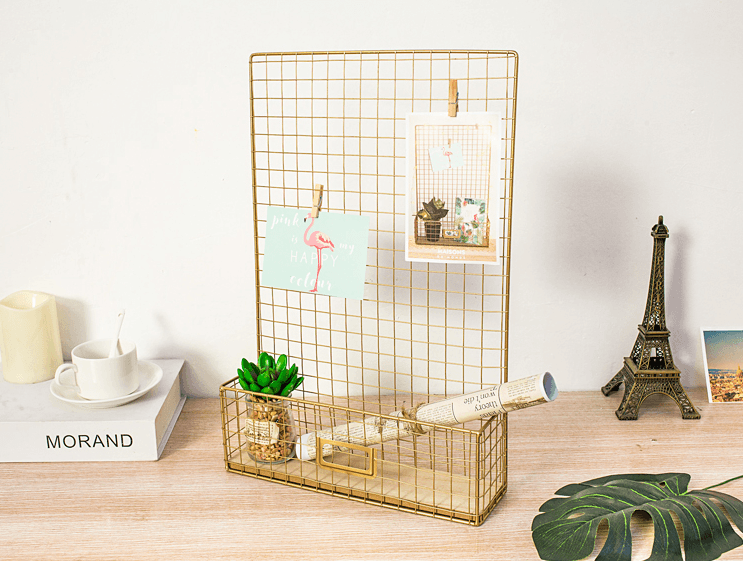 Gold Wall Hanging Storage Rack DIY Iron Mesh Grid Multi-function Photo Display Panel Hanging Home Decorative Shelf Holder