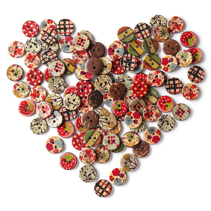 100 PCS Round Pattern Wooden Button Mixed 2 Hole Natural Sewing Children Handmade Clothes Buttons  (1)