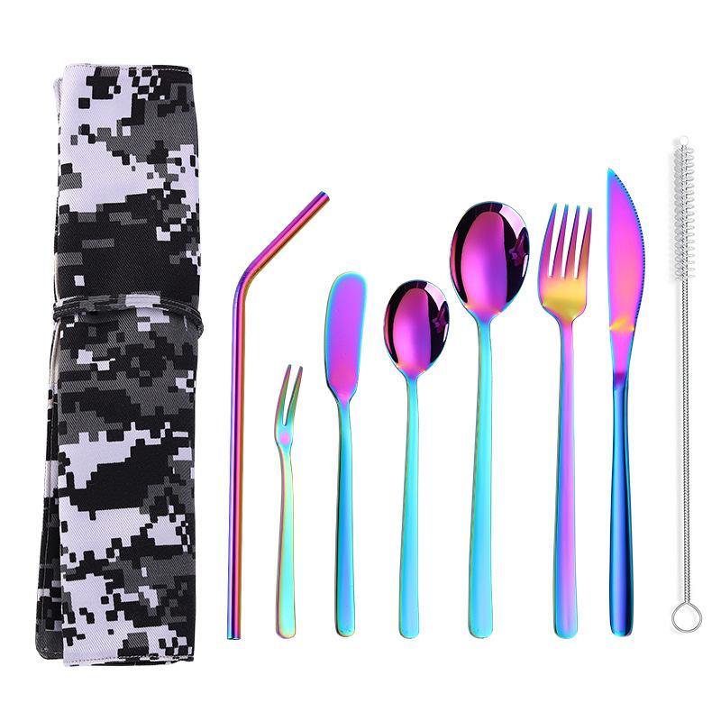 304 Stainless Steel Cutter Fork Spoon Set Portable Camouflage Western Tableware Bag Outdoor Dinnerware Set - MRSLM