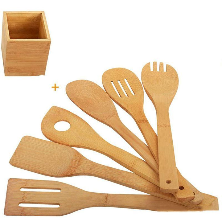 Bamboo Spatula Set with Square Holder Eco-Friendly with Ergonomic Handle Kitchen Utensil