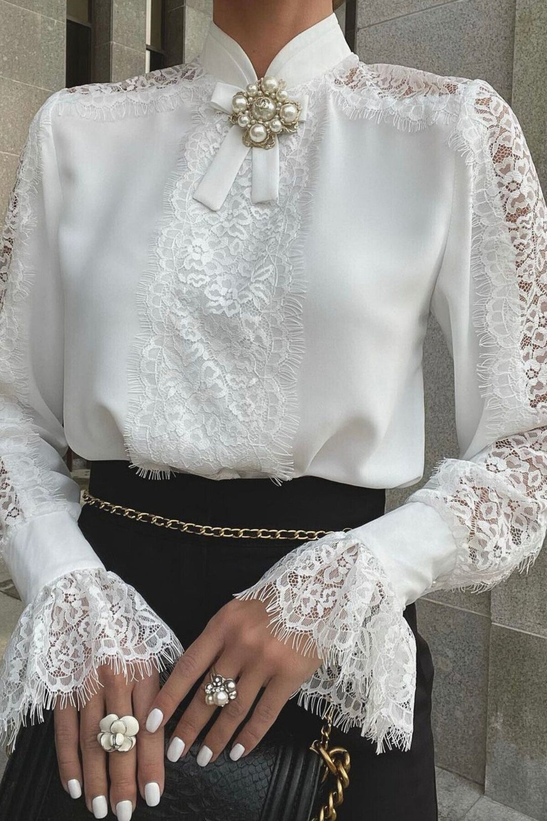 Women's Long Sleeve Lace Top Solid Color Shirt