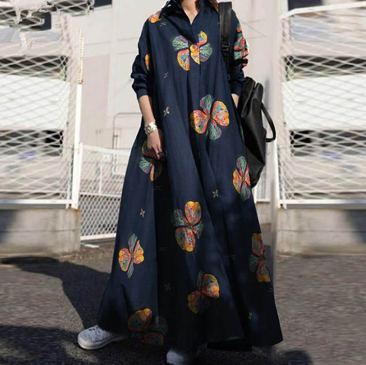 Women Floral Printing V-Neck Long Sleeve Button Holiday Casual Maxi Shirt Dress