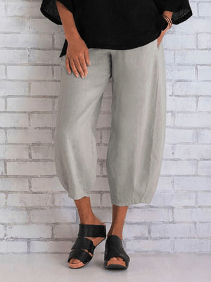 Women Solid Color Cotton Elastic Waist Trouser Pants - MRSLM