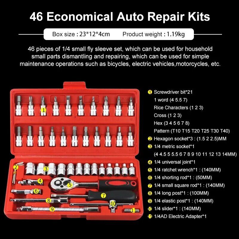 Complete 46-Piece 1/4" Socket Set with Ratchet & Wrench Combo ‚Äì Professional Auto Mechanic Tool Kit