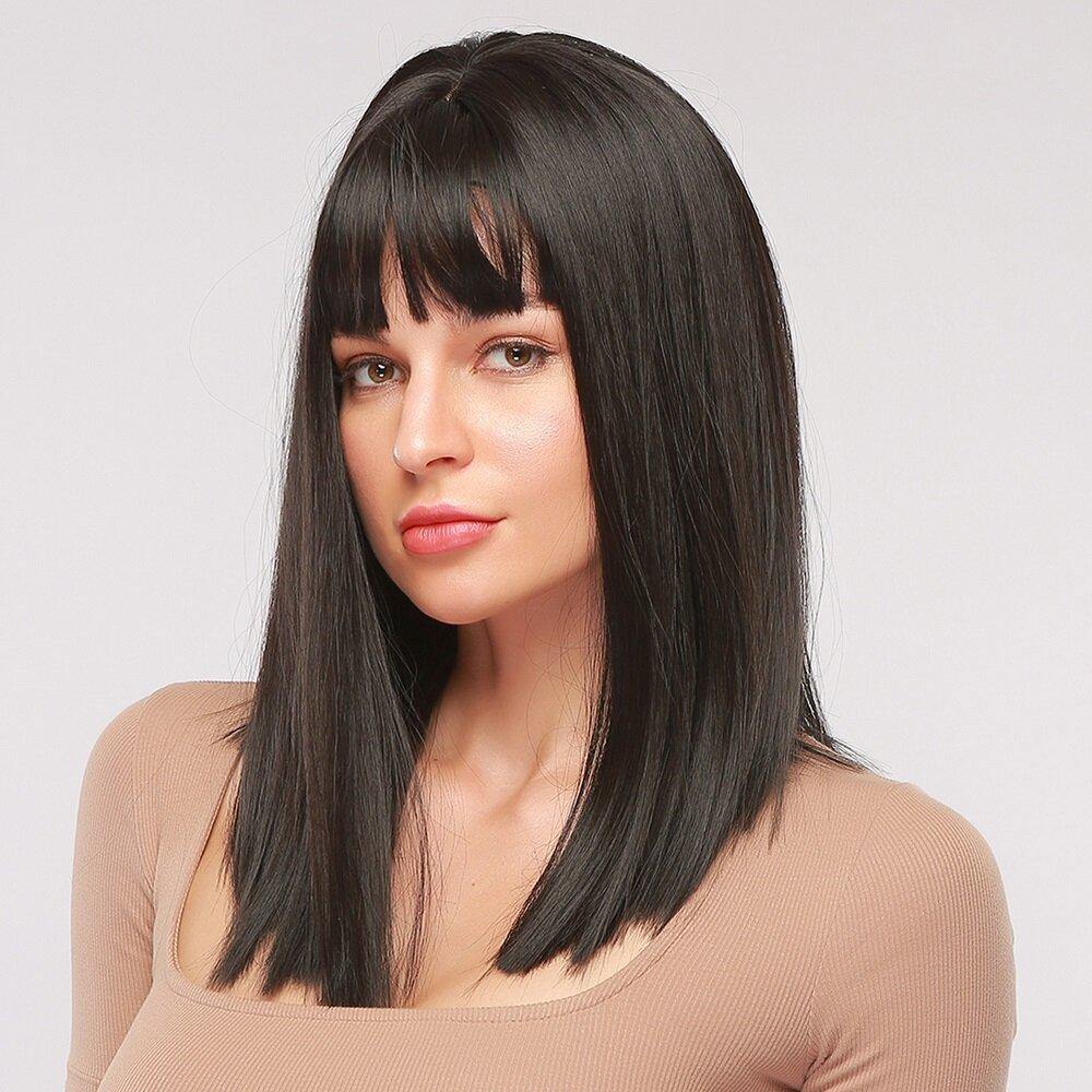 16 Inch Black Medium Length Straight Hair Natural Shawl Breathable Bangs Synthetic Wigs