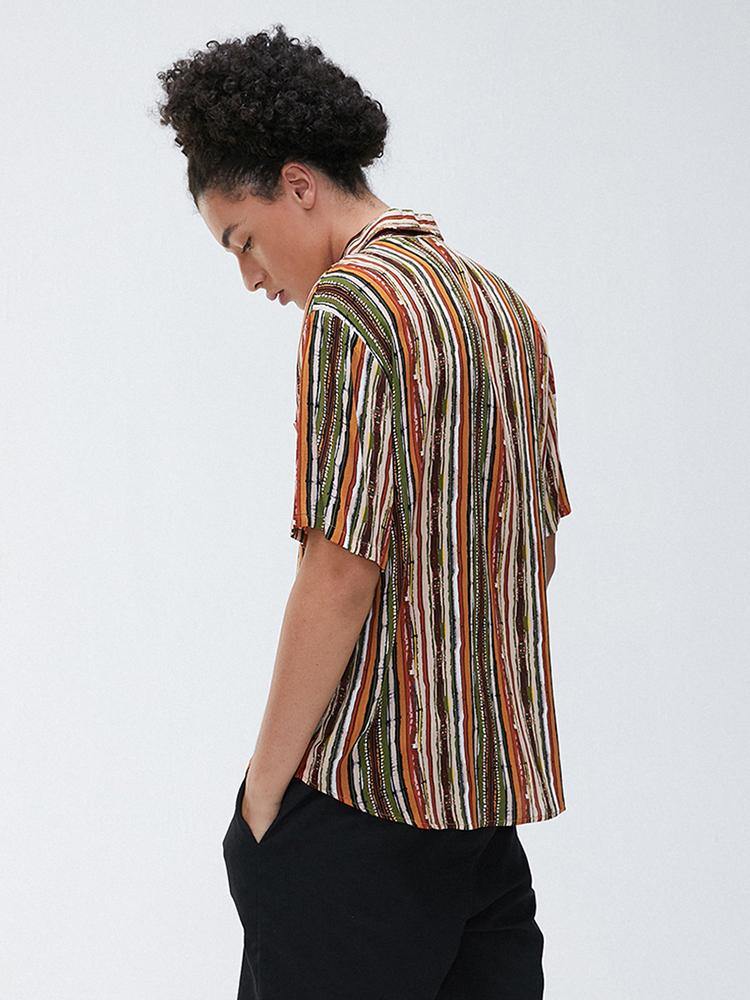 Mens Cotton Colorful Striped Pocket Short Sleeve Shirts