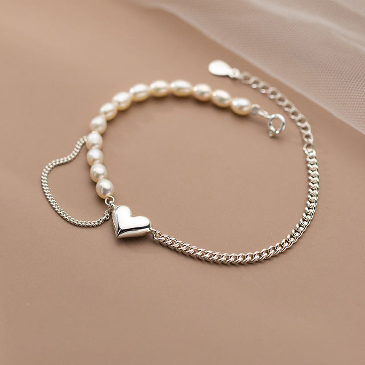 Silver Love Pearl Chain Bracelet Heart Shape