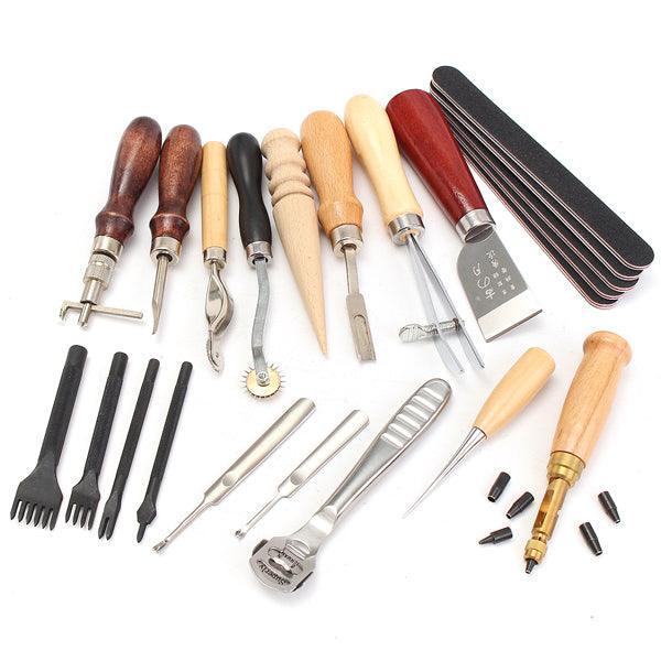 20pcs Wood Handle Leather Craft Tool Kit Leather Hand Sewing Tool Punch Cutter DIY Set