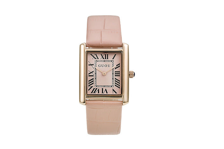 Quartz Watch Rectangular Leather With Retro Roman Index