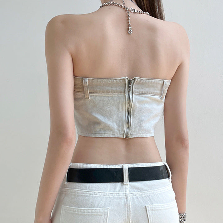 Casual Contrast Color Button Off-neck Beauty Back Denim Tube Top