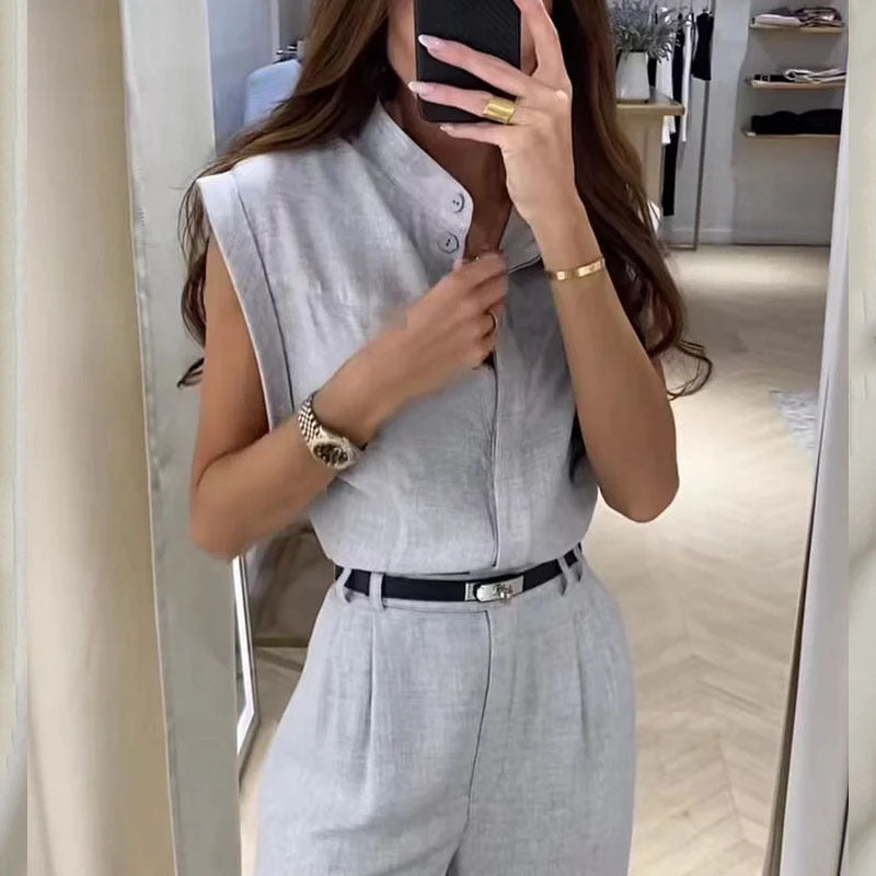 Sleeveless Lapel Blouse And Pants