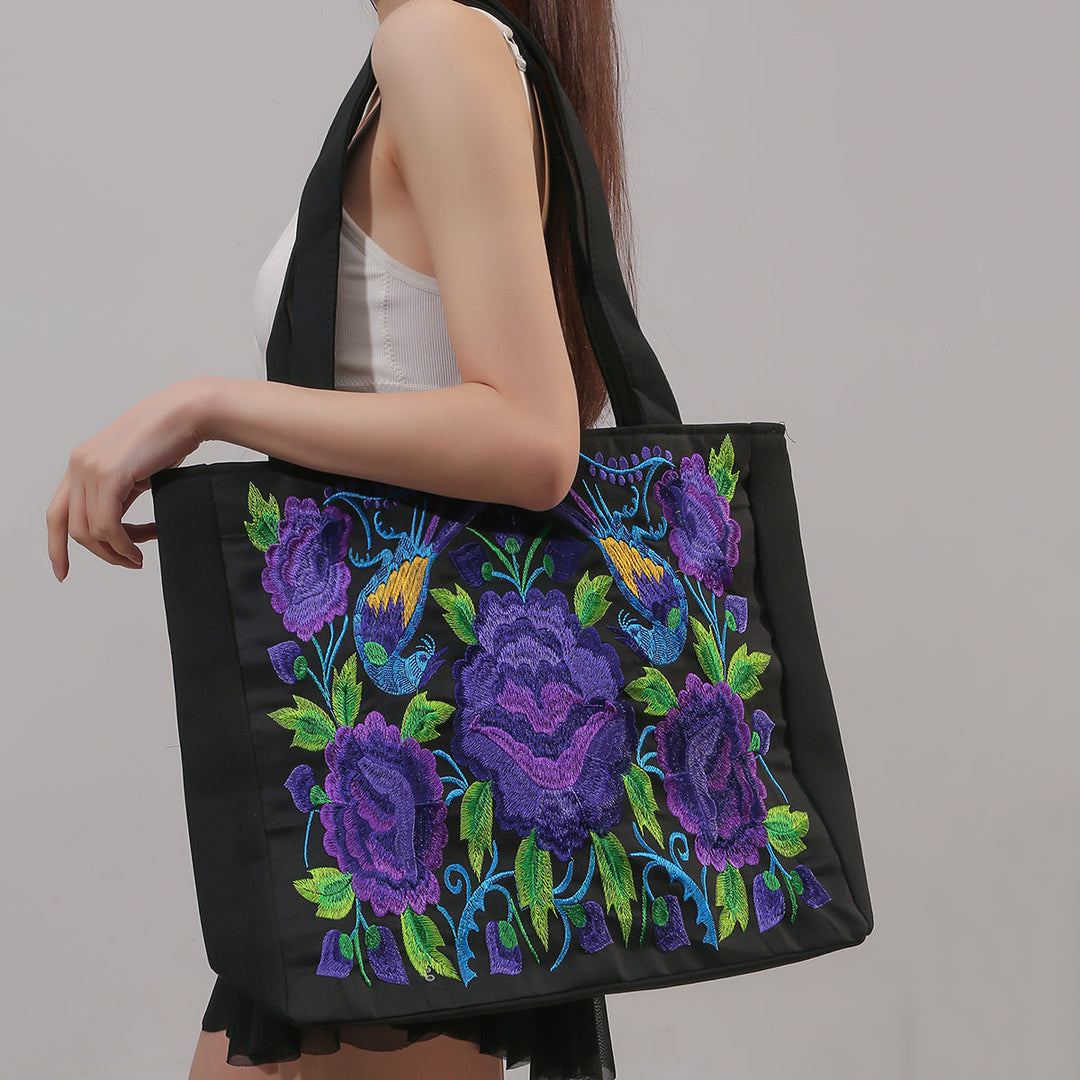 Elegant Phoenix Embroidered Canvas Shoulder Bag for Women