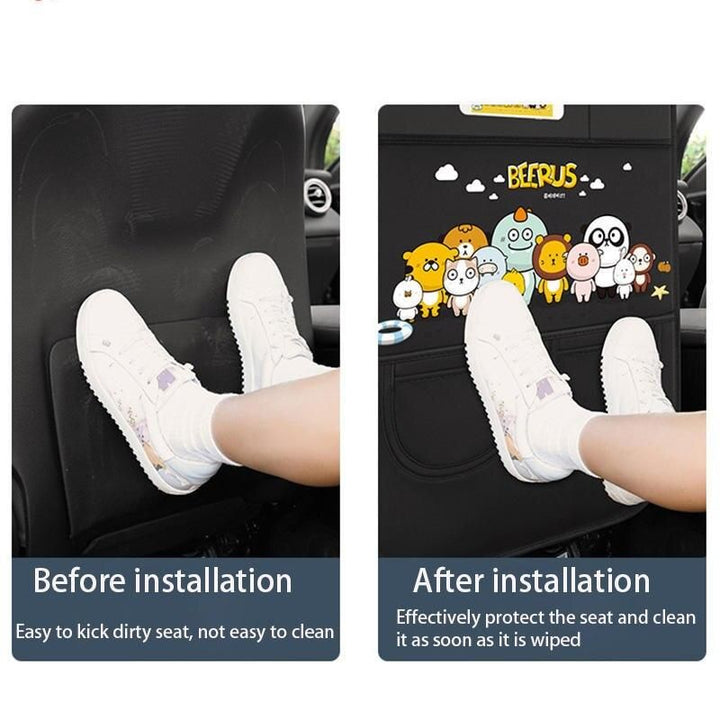 Car Seat Back Protector with Cartoon Design & Storage Pocket