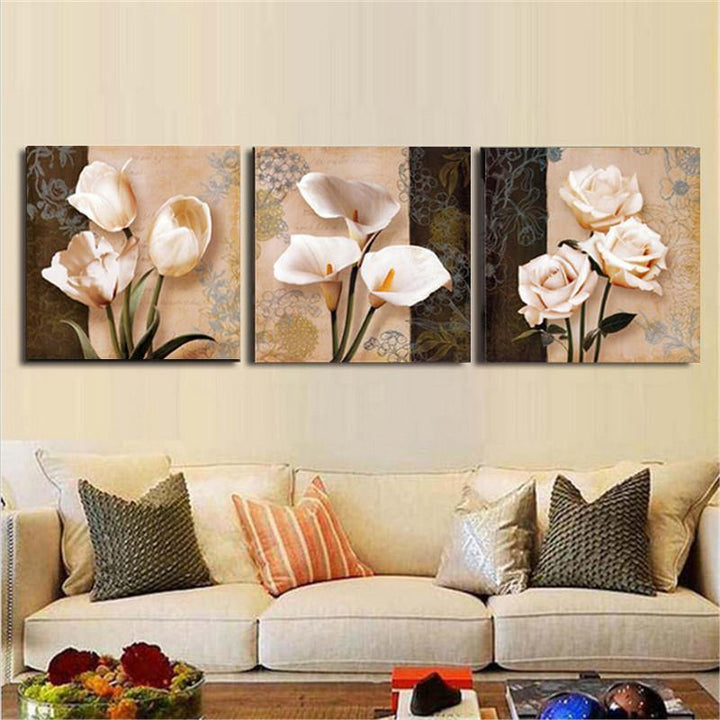 3Pcs Orchid Rose Flower Combination Painting On Canvas Frameless Drawing Home Wall Decor Paper Art (S)