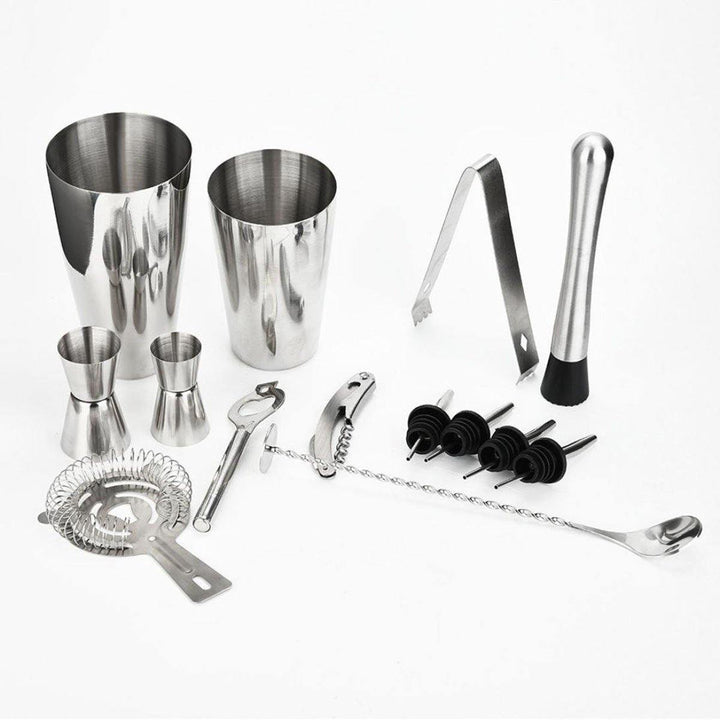 14Pcs Cocktail Maker Set Shaker Glass Twisted Bar Spoon Strainer Wood Muddler