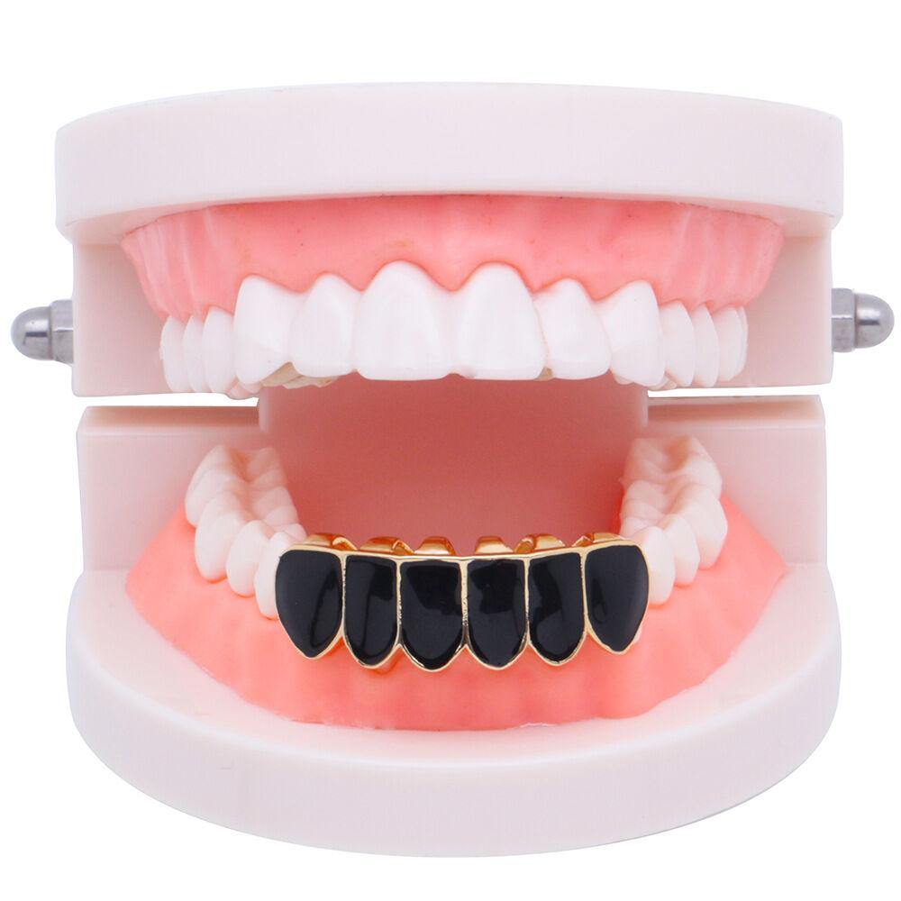 Punk Black Matte Braces Hiphop Grillz Gold Plated Dentures Set Teeth Jewelry