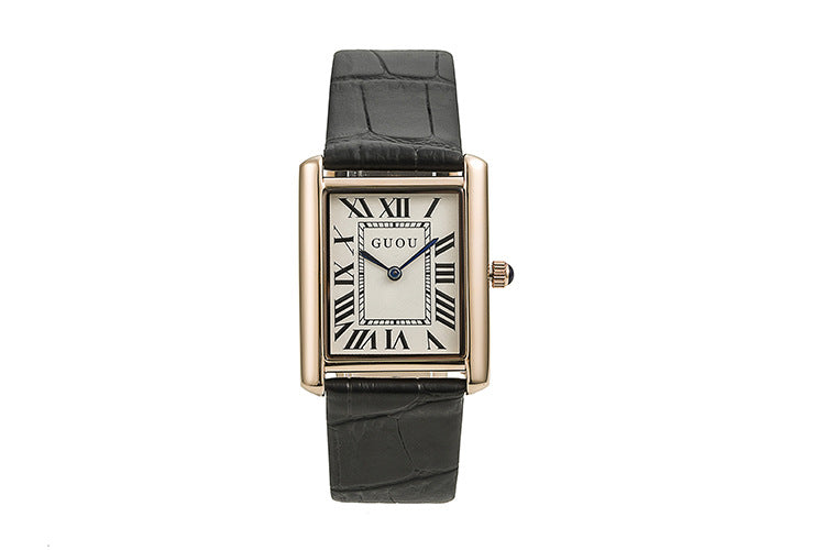 Quartz Watch Rectangular Leather With Retro Roman Index