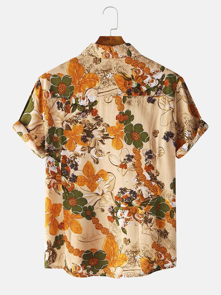 Mens Cotton Floral Oil Printing Turn Down Collar Short Sleeve Shirts