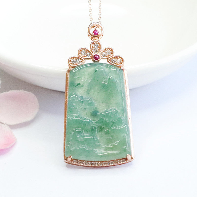 Silver Inlaid Natural Jade Pendant Necklace