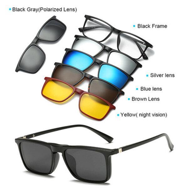 5 in 1 TR-90 Polarized Magnetic Glasses Clip On Magnetic Lens Sunglasses UV-proof Night Vision with Leather Bag