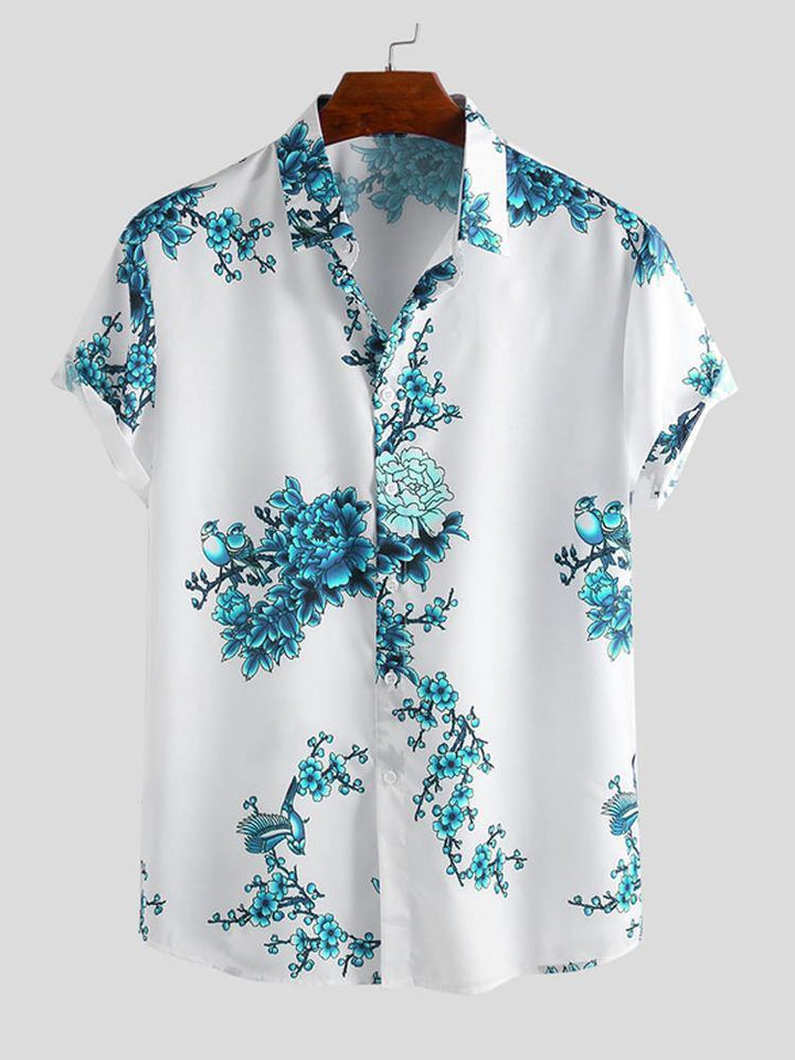 Mens Chinese Style Porcelain Floral Printed Short Sleeve Turn Down Collar Casual Shirts