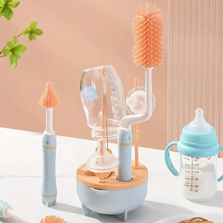 360-Degree Rotating Silicone Bottle Brush Set with Long Handle & Drying Rack