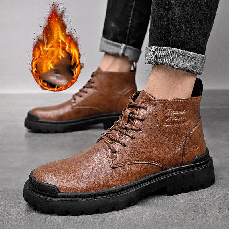 Leather Martin Boots Men's High-top British Style Plus Velvet Mid-top Trendy Shoes