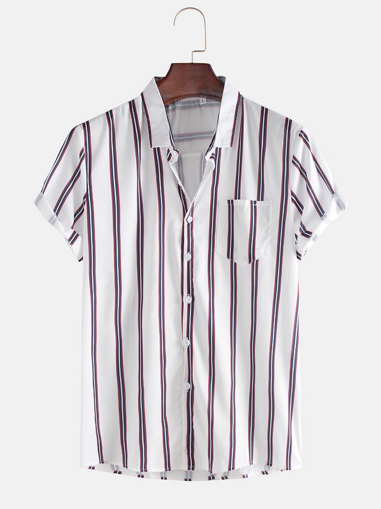 Mens Fashion Breathable Multi Colors Stripe Chest Pocket Short Sleeve Casual Shirts