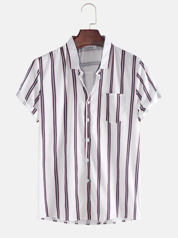 Mens Fashion Breathable Multi Colors Stripe Chest Pocket Short Sleeve Casual Shirts