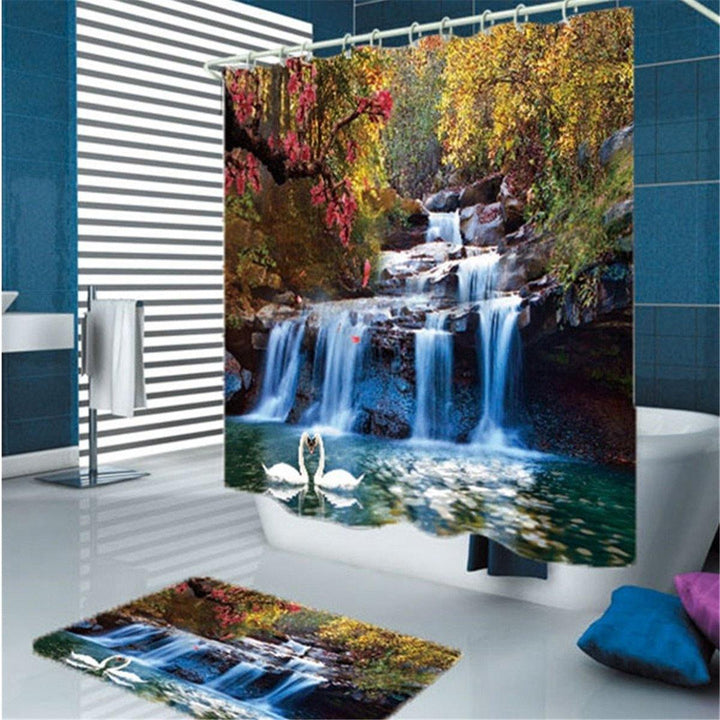 180x180cm Swans Flowers Cascade Waterproof Shower Curtain with 12pcs C-type Hooks Bathroom Set