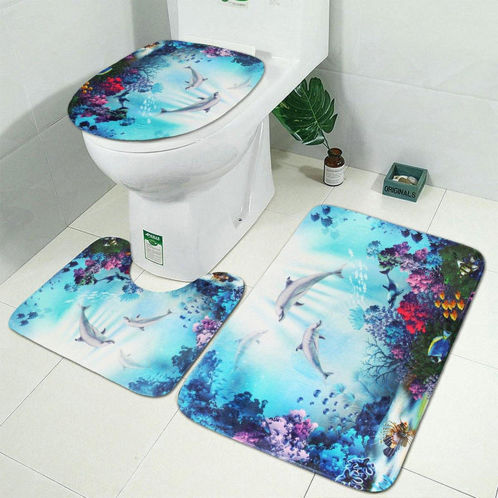 1/3/4 Pcs Sea Style Dolphin Waterproof Shower Curtain Set Toilet Cover Mat Bathroom Non-Slip Mat Pedestal Rug Kit