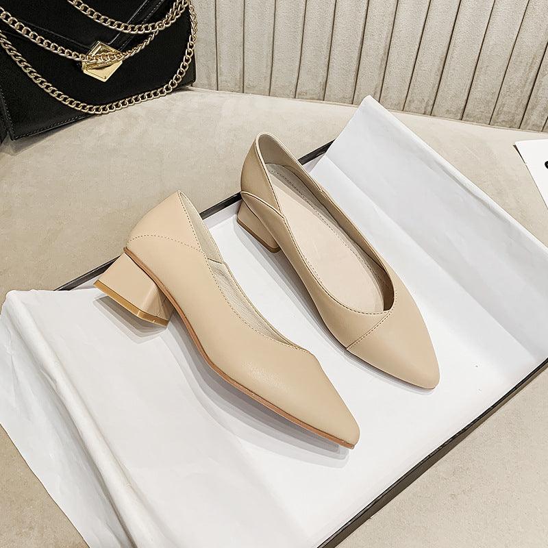 Leather Pointy Toe Cover Middle Heel High Heels Versatile Shallow Mouth Single Shoes