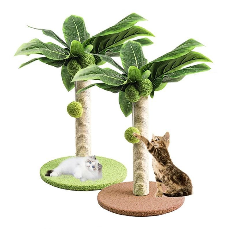 Green Leafy Cat Scratching Post with Sisal Rope and Playful Balls