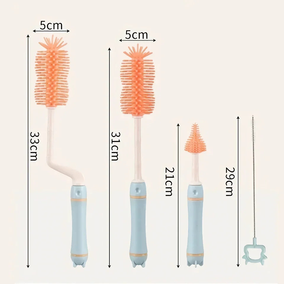 360-Degree Rotating Silicone Bottle Brush Set with Long Handle & Drying Rack