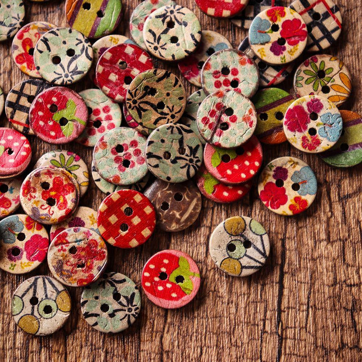 100 PCS Round Pattern Wooden Button Mixed 2 Hole Natural Sewing Children Handmade Clothes Buttons  (1)