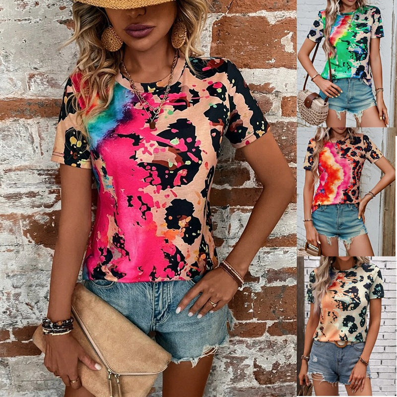 Women's Summer Fashion Painted Short-sleeved Slim T-shirt