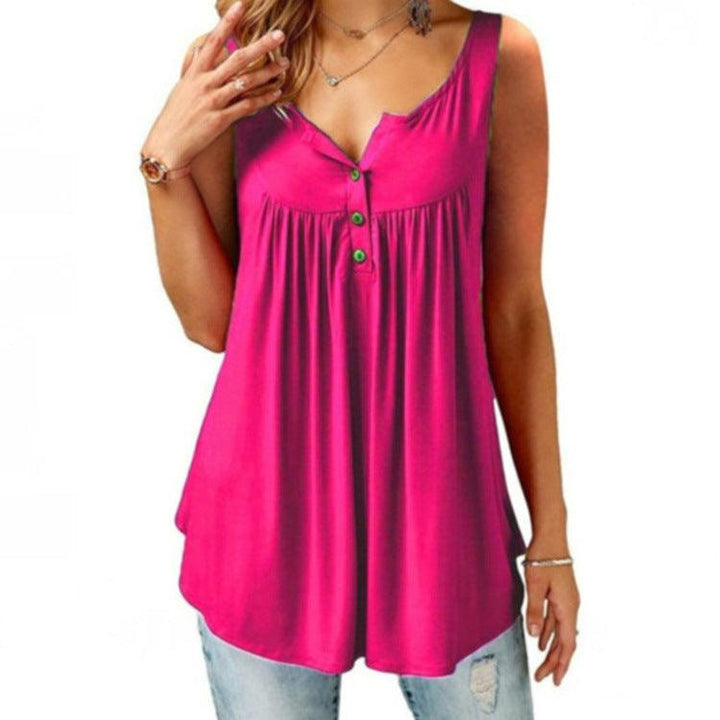 Solid Color Gathered Sleeveless Women's Casual T-Shirt Mid Length Button Vest