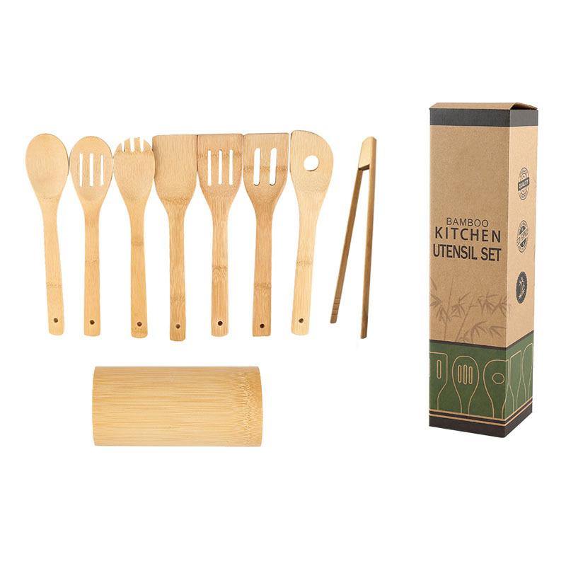 Bamboo Spatula Set with Square Holder Eco-Friendly with Ergonomic Handle Kitchen Utensil - MRSLM